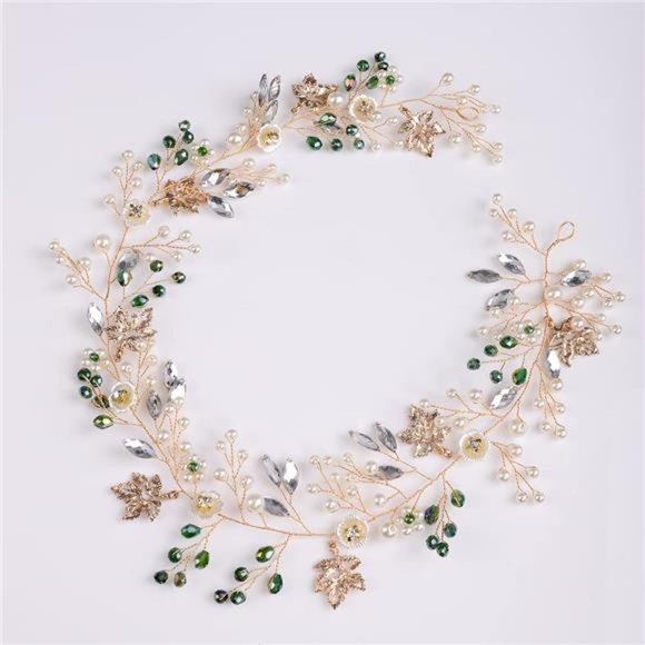 YETTER Wedding Bridal Floral Pearl Green Crystal Maple Pearl Headband Wedding main image 7